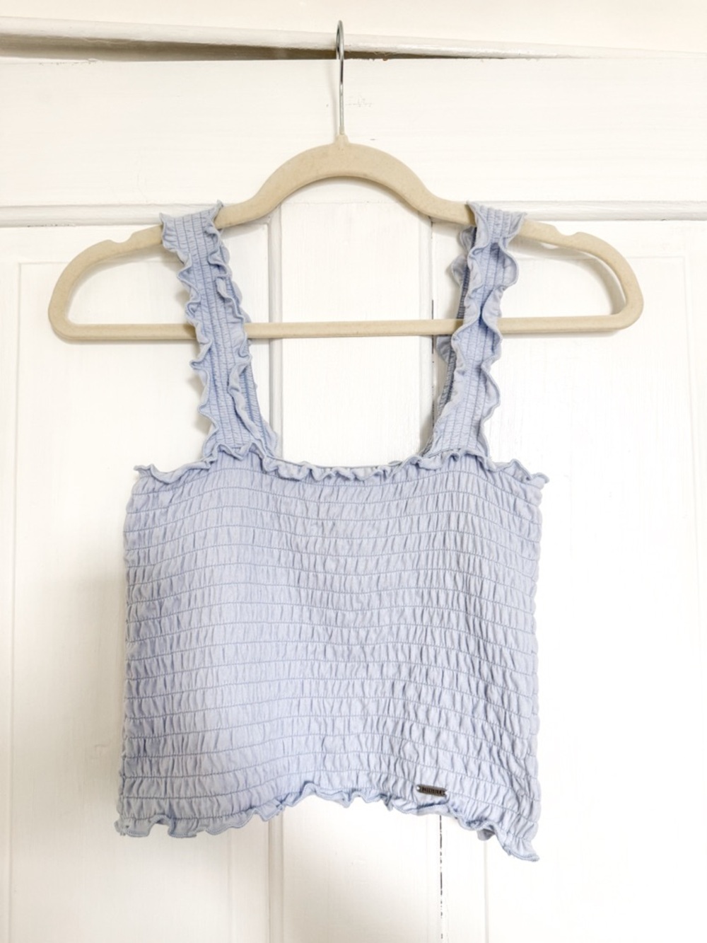 Hollister Light Blue Smocked Ruffle Strap Crop Tank Top - Picture 2 of 5
